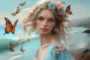 Creat a masterpiece of a striking model german woman, use soft pastel colors, ocean breeze, butterflies, birds, fairy,