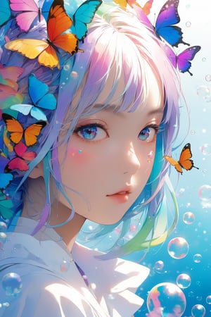 Ocean breeze style wall artmasterpiece, close up of a striking japanese face girl, surrounded by soft pastel colors, colorful butterflies and bubbles, 4k, HD, god anatomy, long_rainbow_hair.