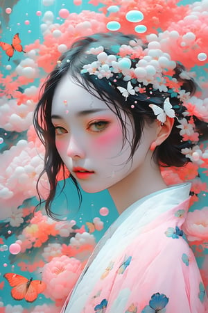 Ocean breeze style wall artmasterpiece, close up of a striking japanese face girl, surrounded by soft pastel colors, butterflies and bubbles, 4k, HD, god anatomy, 