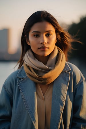 A portrait against the backdrop of dusk, the subject's face is alight with a soft, contemplative gaze. A gentle smile plays at the corners of the lips, a silent testament to inner peace. They are clad in a timeless denim jacket, a scarf loosely draped, signaling a casual grace. The sunlight angles in from the side, casting a golden hue that outlines their profile in a delicate silhouette. Behind them, the scene blurs into an impressionist painting of urban life, with the muted colors of the cityscape hinting at the tranquil end of a day, the weather cool and forgiving.