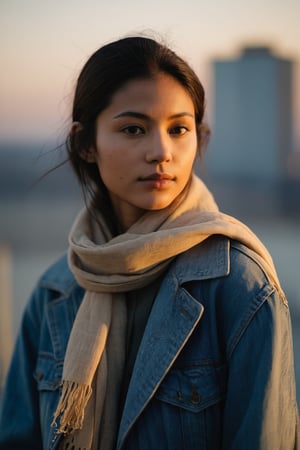 A portrait against the backdrop of dusk, the subject's face is alight with a soft, contemplative gaze. A gentle smile plays at the corners of the lips, a silent testament to inner peace. They are clad in a timeless denim jacket, a scarf loosely draped, signaling a casual grace. The sunlight angles in from the side, casting a golden hue that outlines their profile in a delicate silhouette. Behind them, the scene blurs into an impressionist painting of urban life, with the muted colors of the cityscape hinting at the tranquil end of a day, the weather cool and forgiving.