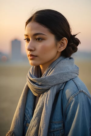 A portrait against the backdrop of dusk, the subject's face is alight with a soft, contemplative gaze. A gentle smile plays at the corners of the lips, a silent testament to inner peace. They are clad in a timeless denim jacket, a scarf loosely draped, signaling a casual grace. The sunlight angles in from the side, casting a golden hue that outlines their profile in a delicate silhouette. Behind them, the scene blurs into an impressionist painting of urban life, with the muted colors of the cityscape hinting at the tranquil end of a day, the weather cool and forgiving.