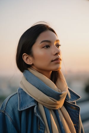 A portrait against the backdrop of dusk, the subject's face is alight with a soft, contemplative gaze. A gentle smile plays at the corners of the lips, a silent testament to inner peace. They are clad in a timeless denim jacket, a scarf loosely draped, signaling a casual grace. The sunlight angles in from the side, casting a golden hue that outlines their profile in a delicate silhouette. Behind them, the scene blurs into an impressionist painting of urban life, with the muted colors of the cityscape hinting at the tranquil end of a day, the weather cool and forgiving.