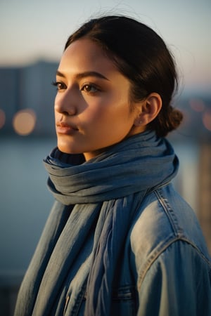 A portrait against the backdrop of dusk, the subject's face is alight with a soft, contemplative gaze. A gentle smile plays at the corners of the lips, a silent testament to inner peace. They are clad in a timeless denim jacket, a scarf loosely draped, signaling a casual grace. The sunlight angles in from the side, casting a golden hue that outlines their profile in a delicate silhouette. Behind them, the scene blurs into an impressionist painting of urban life, with the muted colors of the cityscape hinting at the tranquil end of a day, the weather cool and forgiving.