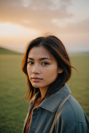 A photo captured by a camera depicts a person's face with a mix of emotions, wearing casual attire. The lighting angle creates a soft glow, highlighting the serene landscape in the background. The weather appears to be mild, enhancing the overall mood of the image.