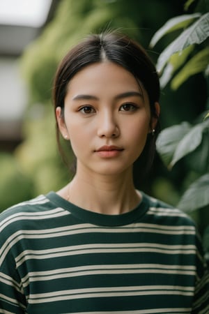 The digital camera, a Fuji X-T3, captured a close-up shot of a person with a serene expression on their face. The individual is wearing a casual outfit, with a striped t-shirt and jeans. The lighting is soft and natural, emphasizing the person's features. In the background, there is a lush green garden with colorful flowers blooming. The weather is sunny with a few fluffy clouds in the sky. Overall, the image conveys a sense of tranquility and harmony with nature.