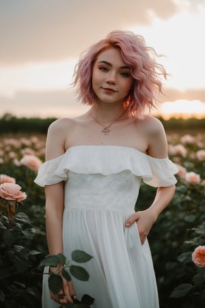 A photo taken by a Canon EOS Rebel T7 digital camera, capturing an 18-year-old girl with pink hair standing in the middle of a field of black roses. The girl is smiling brightly, striking a confident pose in a flowy white dress. The sunlight filters through the clouds, creating a soft, ethereal glow around her. The surrounding landscape is lush and vibrant, with colorful flowers and tall grass swaying gently in the breeze. The weather is perfect, with clear blue skies and a gentle, warm breeze.