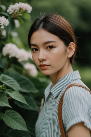 The digital camera, a Fuji X-T3, captured a close-up shot of a person with a serene expression on their face. The individual is wearing a casual outfit, with a striped t-shirt and jeans. The lighting is soft and natural, emphasizing the person's features. In the background, there is a lush green garden with colorful flowers blooming. The weather is sunny with a few fluffy clouds in the sky. Overall, the image conveys a sense of tranquility and harmony with nature.