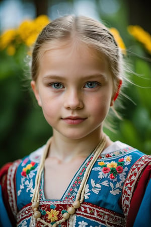 A young Russian girl is captured in a photo taken by a Nikon D7500 digital camera from a low angle. She is wearing a traditional Russian dress with intricate embroidery, and her face is radiant with a smile. The soft lighting highlights her features, emphasizing her blue eyes and fair complexion. The background shows a beautiful garden with colorful flowers blooming, under a clear sunny sky. The warm weather adds a cheerful atmosphere to the image, making the girl's joyful expression even more captivating.