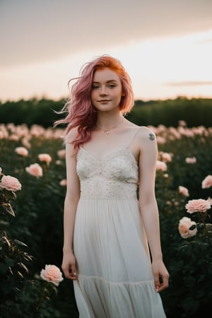 A photo taken by a Canon EOS Rebel T7 digital camera, capturing an 18-year-old girl with pink hair standing in the middle of a field of black roses. The girl is smiling brightly, striking a confident pose in a flowy white dress. The sunlight filters through the clouds, creating a soft, ethereal glow around her. The surrounding landscape is lush and vibrant, with colorful flowers and tall grass swaying gently in the breeze. The weather is perfect, with clear blue skies and a gentle, warm breeze.