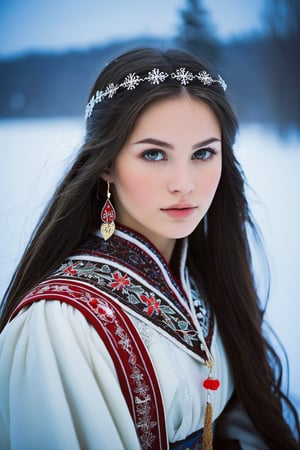 Captured by a Nikon digital camera, the photo depicts a Russian girl with striking features. Her face exudes a mix of curiosity and serenity, framed by long, flowing dark hair. She wears a traditional Russian attire, complete with intricate embroidery and vibrant colors. The lighting angle creates a soft glow, enhancing her beauty. The background showcases a picturesque snowy landscape, adding a sense of tranquility to the scene. The weather appears cold, with a light snowfall in the air. Overall, the image captures a moment of ethereal beauty in a winter wonderland setting.