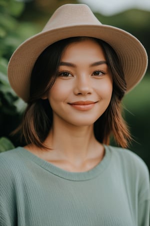 The digital camera used for this photo is a Sony Alpha A7III, capturing the image from a high angle. The photo shows a person with a bright smile on their face, striking a confident pose. They are wearing a casual outfit with a stylish hat. The lighting is soft and natural, highlighting their features beautifully. In the background, there is a serene landscape with lush greenery and a clear blue sky. The weather is sunny and pleasant, adding a warm glow to the overall image.