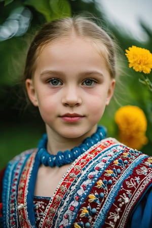 A young Russian girl is captured in a photo taken by a Nikon D7500 digital camera from a low angle. She is wearing a traditional Russian dress with intricate embroidery, and her face is radiant with a smile. The soft lighting highlights her features, emphasizing her blue eyes and fair complexion. The background shows a beautiful garden with colorful flowers blooming, under a clear sunny sky. The warm weather adds a cheerful atmosphere to the image, making the girl's joyful expression even more captivating.