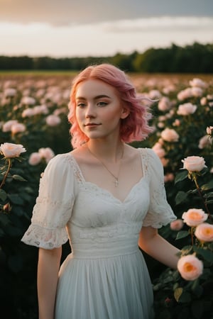 A photo taken by a Canon EOS Rebel T7 digital camera, capturing an 18-year-old girl with pink hair standing in the middle of a field of black roses. The girl is smiling brightly, striking a confident pose in a flowy white dress. The sunlight filters through the clouds, creating a soft, ethereal glow around her. The surrounding landscape is lush and vibrant, with colorful flowers and tall grass swaying gently in the breeze. The weather is perfect, with clear blue skies and a gentle, warm breeze.