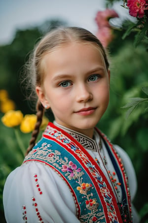 A young Russian girl is captured in a photo taken by a Nikon D7500 digital camera from a low angle. She is wearing a traditional Russian dress with intricate embroidery, and her face is radiant with a smile. The soft lighting highlights her features, emphasizing her blue eyes and fair complexion. The background shows a beautiful garden with colorful flowers blooming, under a clear sunny sky. The warm weather adds a cheerful atmosphere to the image, making the girl's joyful expression even more captivating.