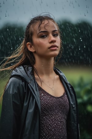 A portrait captured by a Canon Rebel T6i from a low angle, showcasing a girl in a miniskirt under the rain. Her face is illuminated by the soft light filtering through the raindrops, reflecting a mix of determination and vulnerability. Her pose exudes confidence, with one hand on her hip and the other brushing away raindrops from her hair. The rainy weather adds a moody atmosphere to the scene, with dark clouds looming in the background. The girl's outfit is a stylish contrast to the dreary weather, emphasizing her individuality and strength in the face of adversity.