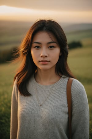 A photo captured by a camera depicts a person's face with a mix of emotions, wearing casual attire. The lighting angle creates a soft glow, highlighting the serene landscape in the background. The weather appears to be mild, enhancing the overall mood of the image.