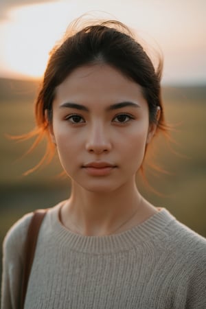 A photo captured by a camera depicts a person's face with a mix of emotions, wearing casual attire. The lighting angle creates a soft glow, highlighting the serene landscape in the background. The weather appears to be mild, enhancing the overall mood of the image.