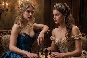 Against a rich, dark wood backdrop, two stunning beauties engage in a game of strategy and wit. Blonde beauty, adorned in an elegant 19th-century gown with delicate lace trim, sits poised with her pawn, her charming blue eyes sparkling as she contemplates her next move. Across from her, brunette beauty dons a form-fitting corset and flowing skirt, her luscious locks cascading down her back as she studies the board. The soft glow of candelabras casts a warm ambiance, highlighting the subtle curve of their lips and the playful tension between them. The chess pieces seem to fade into the background as their eyes meet, exuding an air of sophistication and undeniable charm.