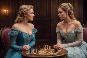 Against a rich, dark wood backdrop, two stunning beauties engage in a game of strategy and wit. Blonde beauty, adorned in an elegant 19th-century gown with delicate lace trim, sits poised with her pawn, her charming blue eyes sparkling as she contemplates her next move. Across from her, brunette beauty dons a form-fitting corset and flowing skirt, her luscious locks cascading down her back as she studies the board. The soft glow of candelabras casts a warm ambiance, highlighting the subtle curve of their lips and the playful tension between them. The chess pieces seem to fade into the background as their eyes meet, exuding an air of sophistication and undeniable charm.