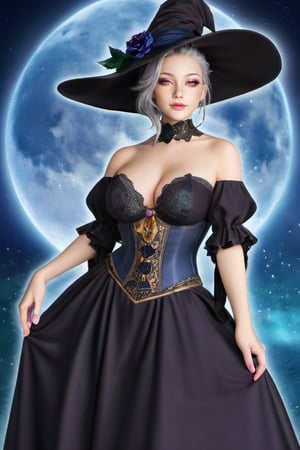 Vibrant masterpiece of a witch perches upon the radiant crescent moon, her exquisite features illuminated by an ethereal glow. The official art depicts her in stunning detail, her majestic figure encased in a flowing black robe adorned with intricate silver trim, topped by a pointed hat that seems to defy gravity. Her voluminous breasts, accentuated by a lace-trimmed corset, appear almost surreal against the stark lunar backdrop. The composition is striking, with the witch's regal pose and the moon's gentle curves creating an aesthetic balance that is nothing short of breathtaking.