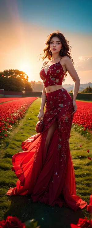 A vibrant, sun-kissed meadow serves as the picturesque backdrop for this breathtaking scene. A cascade of crimson rose petals erupts from a bouquet of stunning red roses, spreading across the lush green grass like a fiery tapestry. Amidst the kaleidoscope of color, a ravishing young woman stands out - an 18-year-old Aussie village girl with luscious long brunette locks and piercing big eyes that sparkle like diamonds. Her toned physique is accentuated by her curvaceous figure, as she poses confidently amidst the floral explosion. The warm golden light of the setting sun casts a flattering glow on her Instagram-ready features, making this a truly unforgettable celebration moment.