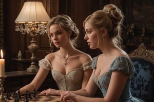 Against a rich, dark wood backdrop, two stunning beauties engage in a game of strategy and wit. Blonde beauty, adorned in an elegant 19th-century gown with delicate lace trim, sits poised with her pawn, her charming blue eyes sparkling as she contemplates her next move. Across from her, brunette beauty dons a form-fitting corset and flowing skirt, her luscious locks cascading down her back as she studies the board. The soft glow of candelabras casts a warm ambiance, highlighting the subtle curve of their lips and the playful tension between them. The chess pieces seem to fade into the background as their eyes meet, exuding an air of sophistication and undeniable charm.