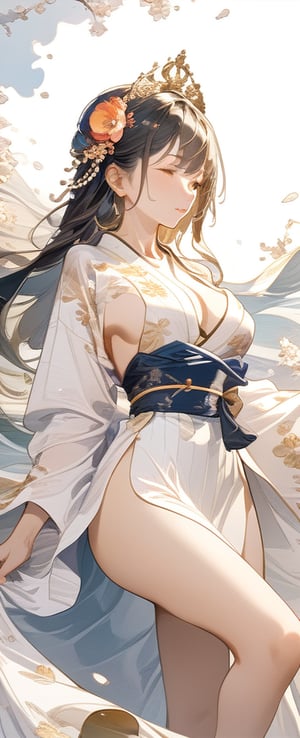 busty and sexy girl, 8k, masterpiece, ultra-realistic, best quality, high resolution, high definition, The figure wears an FLOWER headdress adorned with gold accents and pearls. LOW-CUT, FLOWER PATTERN KIMONO. Gold embroidery and gemstones create a sense of luxury. The fabric drapes elegantly, suggesting a flowing robe or gown. The overall color palette—rich golds and glowing whites. COLORFUL SMOKE BACKGROUND.