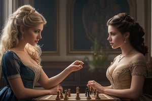 Generates hyper-realistic images of 2 beauties, each with their own unique charm and dressed in formal attire from the late 19th century, from a blonde with a voluptuous figure and charming blue eyes to a brunette with voluptuous eyes and slightly parted lips.  A game of chess showcases their interaction, and they exude undeniable charm and sophistication.