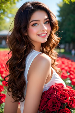 A vibrant red rose explosion surrounds a stunning 18-year-old Australian teenager, showcasing her captivating beauty as she stands amidst a sea of petals. Her long, luscious brunette hair cascades down her back, while her bright blue eyes sparkle with excitement. The Instagram model's full lips curve into a radiant smile, highlighting her big breasts beneath her fitted outfit. Framed by the picturesque village setting, this gorgeous young woman is the epitome of joy and celebration, her beauty exploding like the roses around her.