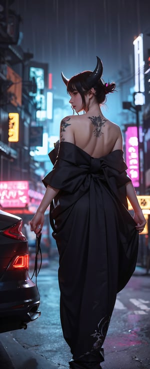 In a cyberpunk cityscape with vibrant neon lights and misty rain, the masterful albino demon queen stands tall, her long complex horns reaching 1.2 meters in length. She wears a hakama and gaiter, adorned with intricate kanji tattoos on her arms. Her kimono flows wide open, revealing a beautiful tattoo of a dragon on her back. The photo-booster effect of the city's lights enhances her glowing tat, as she confidently strides through the neon-lit streets.,cyberpunk