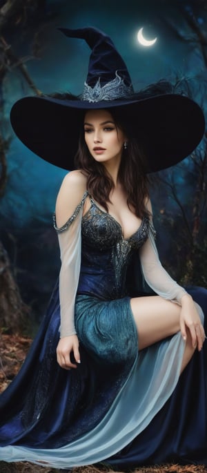 Masterpiece of top-quality beauty, an official art piece that showcases a stunning witch seated upon the radiant curve of a full crescent moon. The witch's exquisite features are framed by a majestic hat adorned with intricate details, while her flowing robe appears to be woven from the very fabric of night itself. Her voluminous breasts rise and fall with each deliberate breath, as if infused with the magic that surrounds her. Extreme detail is lavished upon every aspect of this surreal scene, where the witch's mystical aura is palpable, drawing the viewer into a world of enchantment.