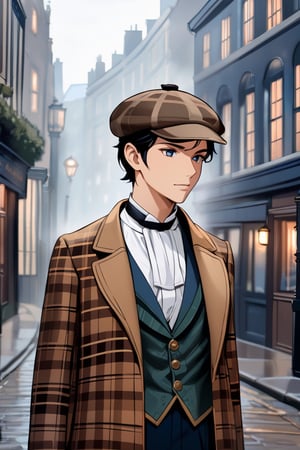 At the end of the 19th century,20yo, the female detective Sherlock Holmes was handsome, thoughtful, full of sense of humor, gentlemanly, graceful, full of mystery, and had a faint smile. In the background are foggy London streets. 1girl,big breasts,beautiful face and eyes,deerstalker,