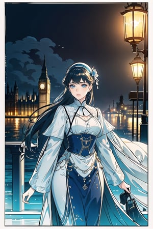 A majestic luxury cruise ship sets sail against a serene blue horizon, its deck awash with waving passengers. Amidst the misty London streets of the late 19th century, a stunning 20-year-old Sherlock Holmes, radiating elegance and wit, stands out in the foggy atmosphere. Her beautiful face, with piercing eyes, is framed by the soft glow of gas lamps, while her gentle smile hints at a sharp mind behind her captivating features.