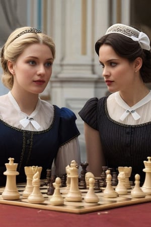 Generates hyper-realistic images of 2 beauties, each with their own unique charm and dressed in formal attire from the late 19th century, from a blonde with a voluptuous figure and charming blue eyes to a brunette with voluptuous eyes and slightly parted lips.  A game of chess showcases their interaction, and they exude undeniable charm and sophistication.