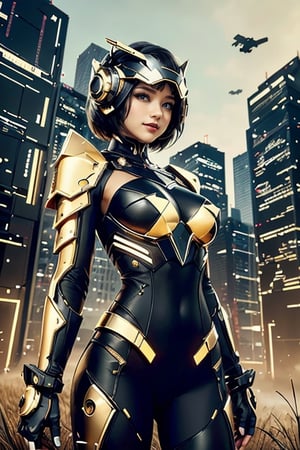 A captivating illustration of a female cyber warrior wearing striking tech armor (scarlet).  She wears a stylish futuristic helmet.  The background combines futuristic cityscapes, flying grass and wind effects to create a dynamic and immersive atmosphere.  Big breasts, beautiful face and eyes, the overall composition is bold and eye-catching, with a strong visual impact.  1girl, short hair, Japanese, confidence and strength are her style, enthusiasm and honesty are her beliefs, extremely cheerful, making her a charming and pretty girl in everyone's eyes, with a sweet smile.