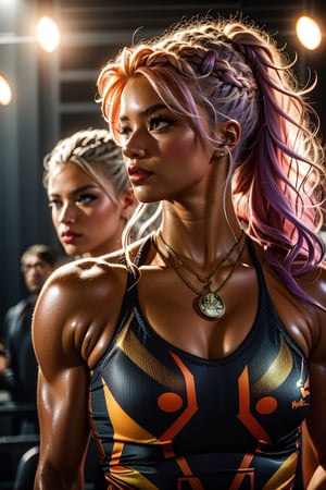 Close-up shot of two fierce female boxers standing inches apart, their intense gazes locked in a silent challenge. The purple-haired boxer's fiery locks cascade down her back, while the blonde athlete's chiseled physique and prominent bust are accentuated by the spotlight's warm glow. The dimly lit press conference backdrop provides a stark contrast to the bright lights, highlighting the boxers' fierce determination.