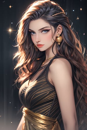A majestic portrait of a regal young woman, standing confidently with her hands resting on her hips. She wears a stunning dress that cascades down her figure like a waterfall of silk, and her luscious long hair flows like a river of gold. Her piercing purple eyes seem to gleam with an inner light, as if holding the secrets of the universe within their depths.