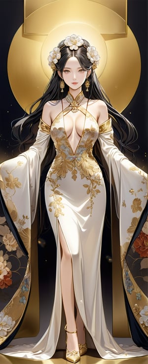 busty and sexy girl, 8k, masterpiece, ultra-realistic, best quality, high resolution, high definition, The figure wears an FLOWER headdress adorned with gold accents and pearls. LOW-CUT, FLOWER PATTERN KIMONO. Gold embroidery and gemstones create a sense of luxury. The fabric drapes elegantly, suggesting a flowing robe or gown. The overall color palette—rich golds and glowing whites. COLORFUL SMOKE BACKGROUND.