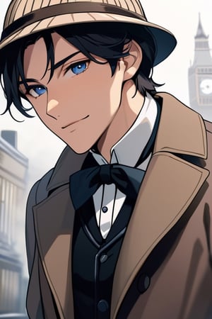 At the end of the 19th century,20yo, the female detective Sherlock Holmes was handsome, thoughtful, full of sense of humor, gentlemanly, graceful, full of mystery, and had a faint smile. In the background are foggy London streets. 1girl,big breasts,beautiful face and eyes,deerstalker hat,