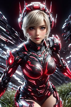 A captivating illustration of a female cyber warrior wearing striking bright red tech armor.  She wears a stylish futuristic helmet.  The background combines futuristic cityscapes, flying grass and wind effects to create a dynamic and immersive atmosphere.  Big breasts, beautiful face and eyes, the overall composition is bold and eye-catching, with a strong visual impact.  1girl, short hair, Japanese, confidence and strength are her style, enthusiasm and honesty are her beliefs, extremely cheerful, making her a charming and pretty girl in everyone's eyes, with a sweet smile.