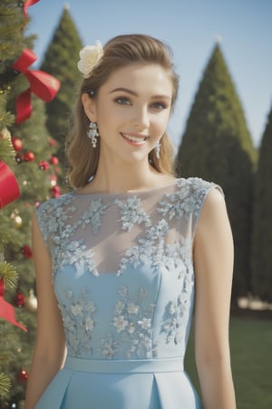 1girl, Beautiful eyes, detailed eyes, big eyes, grin, fine face,christmas party outfit //Fashion (Georges Hobeika :1.3), //Background Beautiful blue sky, calm sunshine, flower garden