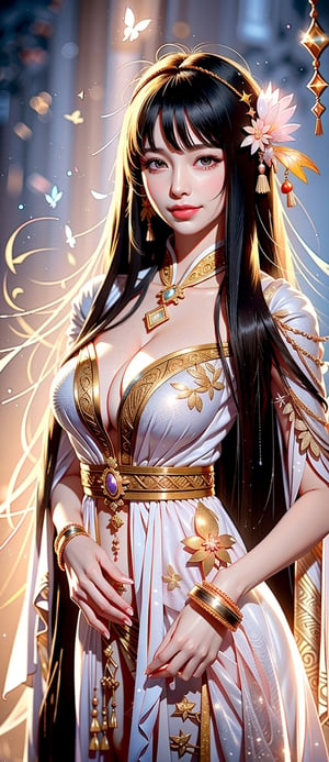 Beautiful and delicate light, (beautiful and delicate eyes), fair skin, big smile, (brown eyes), (dark black long straight hair), smile, dreamy, big breasts, female 1, (front view), Chinese woman, bangs, gentle expression, large height, proud elegance, smile, 8k art photo, realistic concept art, realistic, portrait, accessories, fantasy, jewelry, suit, white shirt, red patterned tie, skirt