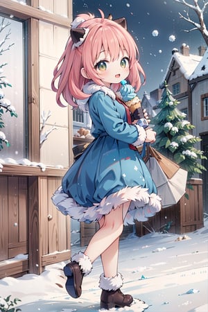 masterpiece, best quality, wearing dress, happy, looking at viewer, anya_forger_spyxfamily,winter clothing, snow falling from the sky, eating ice cream, shopping center, santa claus, gifts, shops,SPY X FAMILY