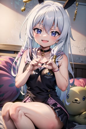 (best quality:1.1), (masterpiece:1.4), (Hands:1.1), ,better_hands, 1girl, long hair, looking at viewer, smile, open mouth, bow, jewelry, sitting, pink hair, heart, choker, blue eyes, two side up, pillow, stuffed bunny, pink theme, soft_shaded