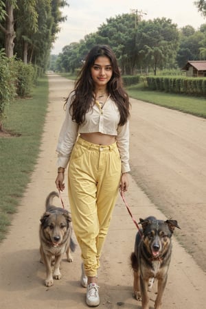 beautiful cute young attractive indian teenage girl, village girl, 18 years old, cute, Instagram model, long yellow_hair, colorful hair, warm, dacing, She is going for a walk with the dog.