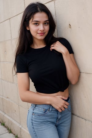 22 year old hispanic women , black shirt , jean ,  hands in pocket , long straight_hair, alabaster skin tone, little smile face, at front of wall , taken with a Canon EOS R5 and a 85mm lens, photorealistic images, clear realistic background, HD quality is, healthy muscular body, proper_hands ,Extremely Realistic