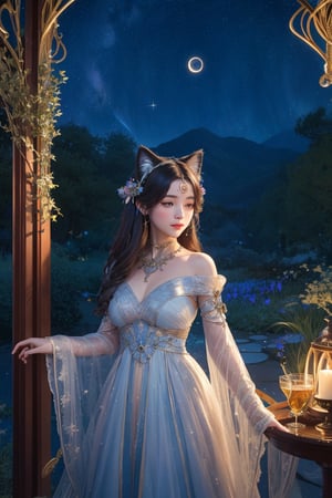 Title: "Whispered Secrets of the Celestial Felines"
In this enchanting masterpiece titled "Whispered Secrets of the Celestial Felines," we are transported to a realm where elegance and cosmic wonders intertwine. The artwork features a young girl adorned with cat ears, dressed in a ruffled dress adorned with bows, as she embarks on a captivating journey through a starlit animal sanctuary.
The girl stands amidst a breathtaking landscape, where the celestial and earthly realms merge harmoniously. Her presence, with the whimsical cat ears and a dress inspired by Art Nouveau, emanates grace and allure, perfectly complementing the ethereal atmosphere that envelops her.
The scene unfolds beneath a dazzling night sky, adorned with celestial wonders. Intricate geometric patterns and zentangle motifs weave through the air, paying homage to the beauty of Art Nouveau. The night sky becomes a tapestry, showcasing the mystical constellations of feline forms, depicting the graceful cats that dwell among the stars.
Within this celestial menagerie, the girl's gaze is drawn to a celestial telescope, inviting her to explore the secrets of the cosmos. With a sense of wonder and curiosity, she peers through the telescope, her eyes filled with awe. The telescope becomes a portal to celestial realms, inviting viewers to join her in a journey of astronomical discovery.
As she immerses herself in the night sky, the moon radiates an ethereal glow, casting its enchanting light upon the nocturnal landscape. Its mystical presence adds an aura of wonder and magic, enhancing the allure of the scene.
The girl finds herself in a serene campsite amidst a grassy plain, illuminated by the warm glow of lanterns. The campfire crackles, casting flickering shadows that dance upon the elegant Art Nouveau-inspired elements of the surroundings. The air is filled with tranquility, inviting contemplation and a connection with nature.
The art style employed in this masterpiece draws inspiration from the Art Nouveau movement, paying tribute to the iconic style of Alphonse Mucha. The intricate details, flowing lines, and organic forms captivate the eye, creating a harmonious blend of elegance and cosmic whimsy.
"Whispered Secrets of the Celestial Felines by kyo8sai 2024-06-15" invites viewers to embrace the beauty of the night sky and the enchantment of nature. The girl, with her cat ears and graceful presence, becomes a conduit for our own sense of wonder and exploration. This artwork captures the essence of a dreamlike tableau, where the celestial and artistic realms intertwine, whispering the secrets of the celestial felines and inviting us to embark on a mystical journey through the stars.