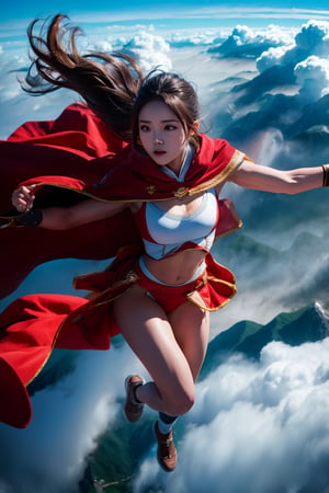 1 girl, flying, 1 girl flying above the clouds, dynamic pose, motion blur, cape, muscular,  longhair , sunlight