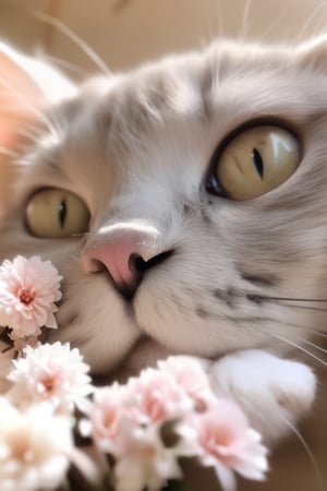 (RAW photo, best quality), (realistic, photo-Realistic:1.1), best quality, masterpiece, beautiful and aesthetic, 16K, (HDR:1.2), high resolution,, looking at viewer, blush, simple background, white background, flower, blurry, no humans, animal, traditional media, cat, realistic, animal focus, whiskers
